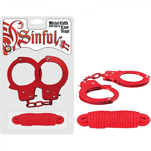 Sinful Metal Cuffs w/Keys & Love Rope - Red