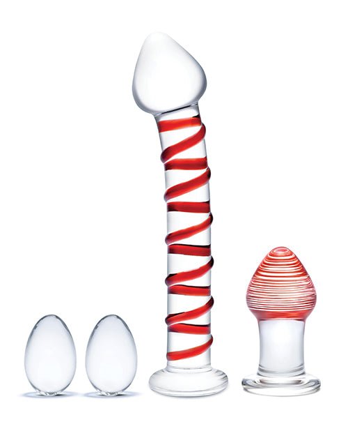 Glas 4 Pc Mr. Swirly Set W/glass Kegel Balls & 3.25" Butt Plug - Red - BDSMTest Store