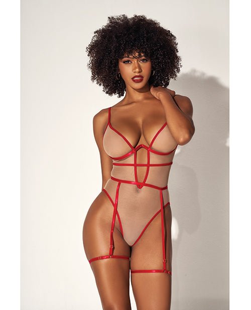 Underwire Bodysuit W/cut Out Heart Back Nude/red - BDSMTest Shop